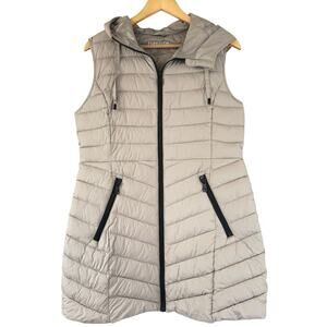 Bernardo Long Puffer Vest Women’s Full-Zip Hooded Size M Khaki Tan *EUC